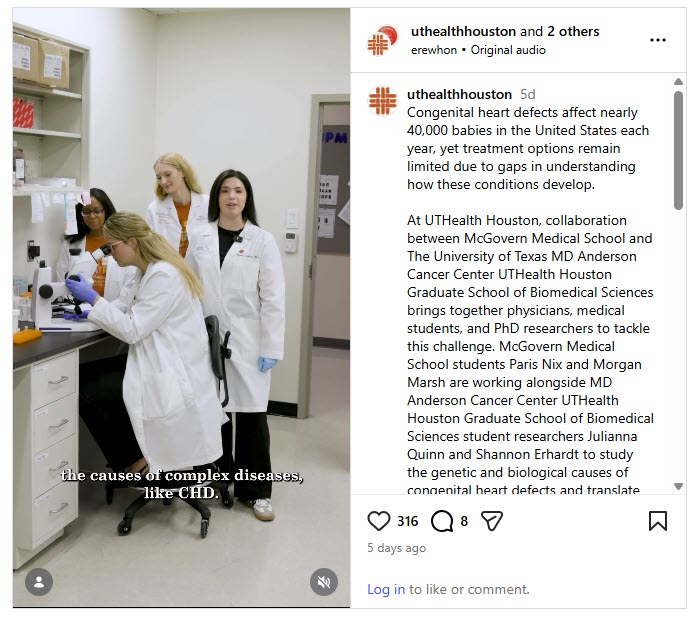 Screenshot of instagram post with researchers in white coats