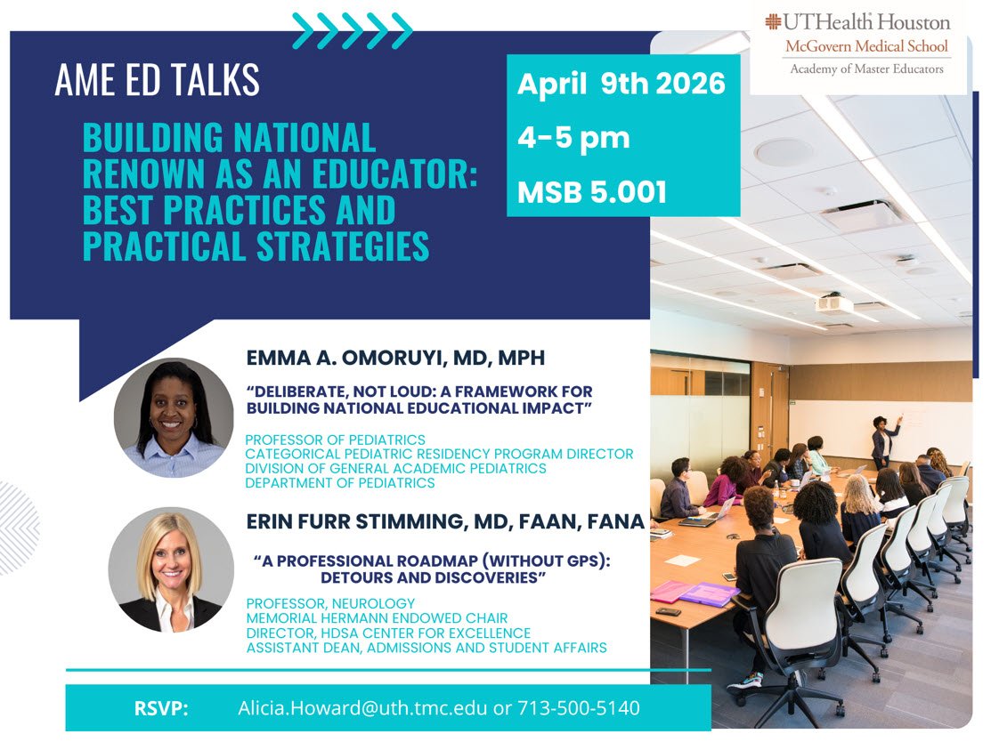 Flyer with text, two headshots, annd photo of people in seminar