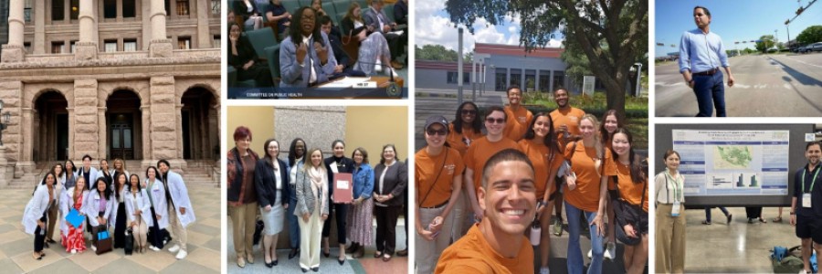 Collage of photos of groups at Capitol, group selfie, man crossing a busy intersection, and two people in front of research poster
