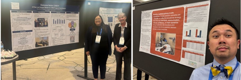 Collage of two women standing in front of research poster and one man doing a selfie in front of a different research poster