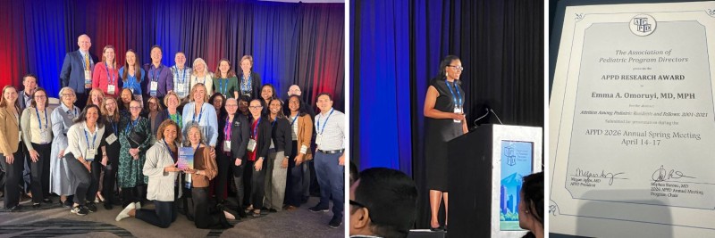 Collage of large group of people in front of colorful background, woman presenting at podium, and award certificate