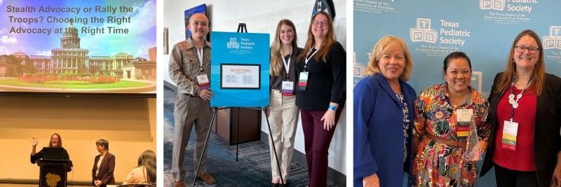 Collage of Dr. McKay presenting, Dr. McKay standing with trainees at TPS conference, and Dr. McKay with Dr. Aitken and Dr. Kwan celebrating Dr. Kwan's award