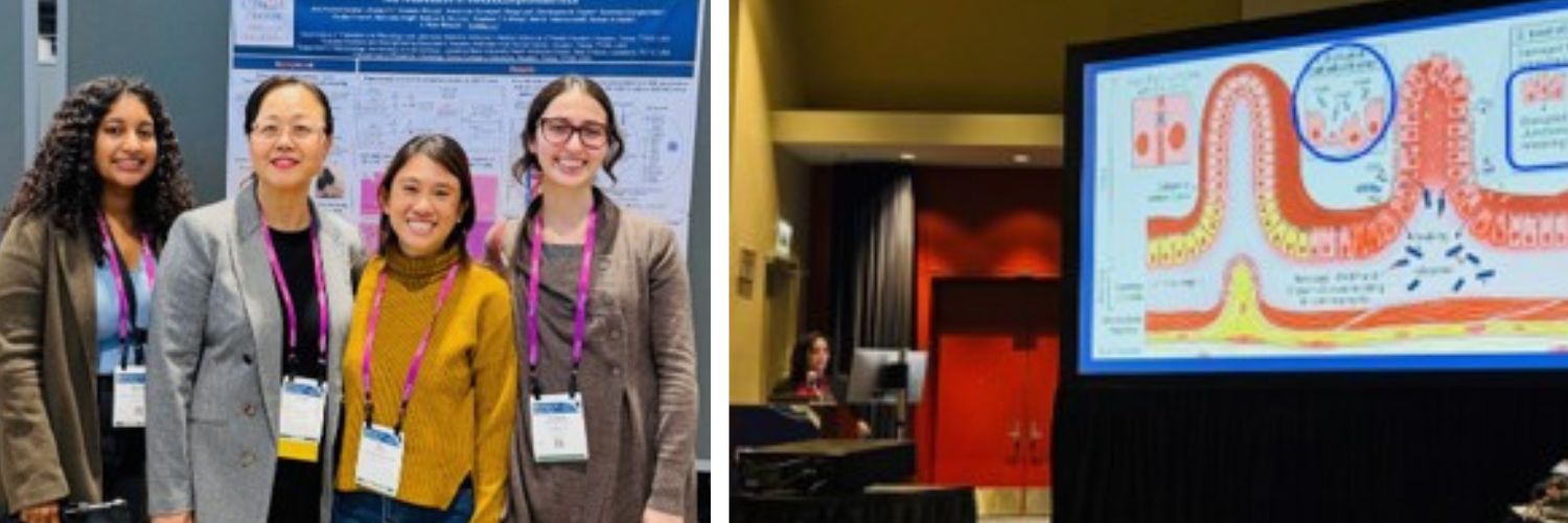 Collage of four people standing in front of research poster and doctor presenting at podium