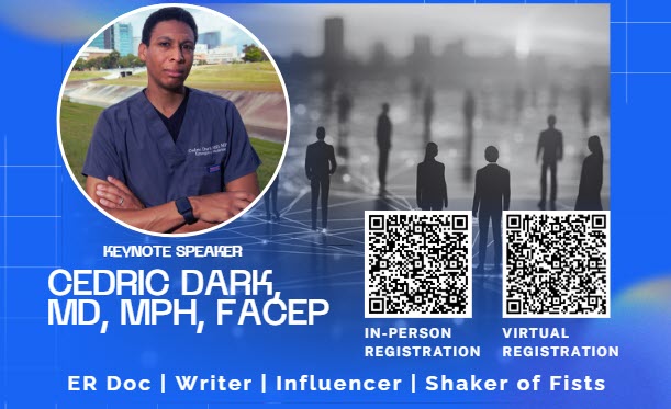 Infographic with headshot of doctor with arms crossed and QR codes