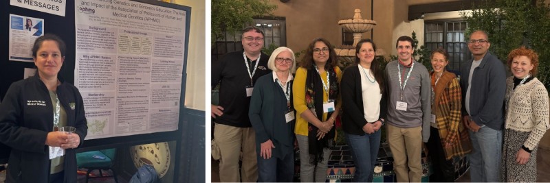Collage of Myla standing in front of research poster and group of people in front of stone fountain