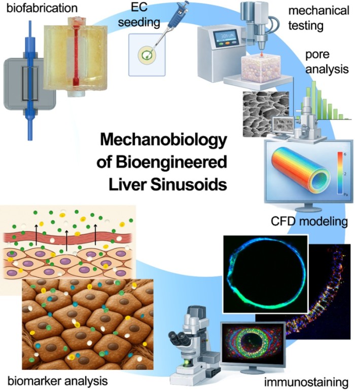 Schematic overview of the development and mechanobiological characterization of a perfusable 3D bioengineered human liver sinusoid model for studying Fontan-associated liver disease