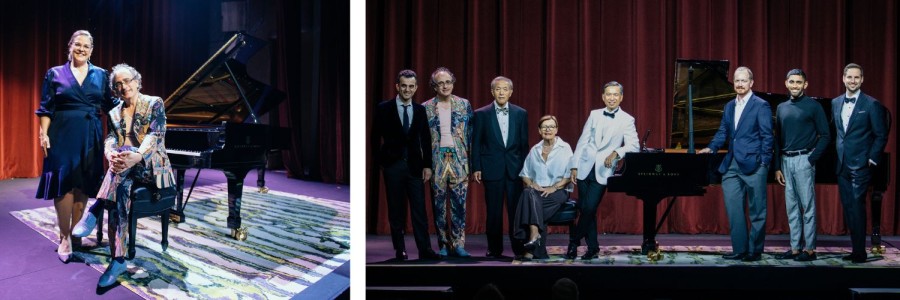 Collage of man seated on piano bench at grand piano with woman standing next to him and group photo of all performers on stage in front of grand piano