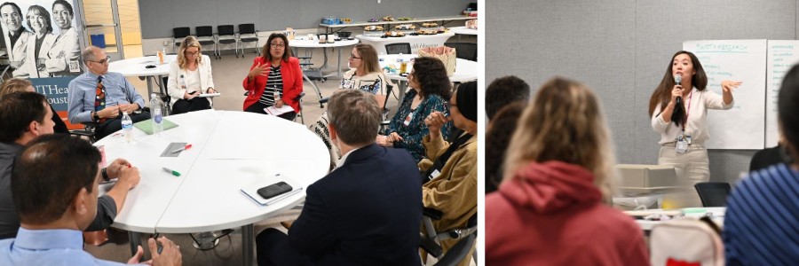 Collage of people around table discussing and Dr. Findley presenting