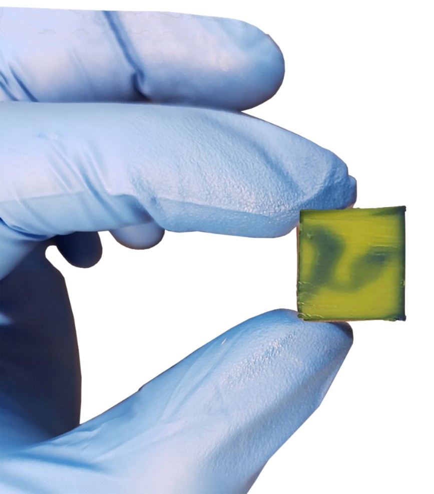 Gloved hand holding square piece of bioprinted material