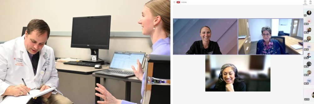 Collage of doctor in white coat talking to mentee and screenshot of a Teams meeting