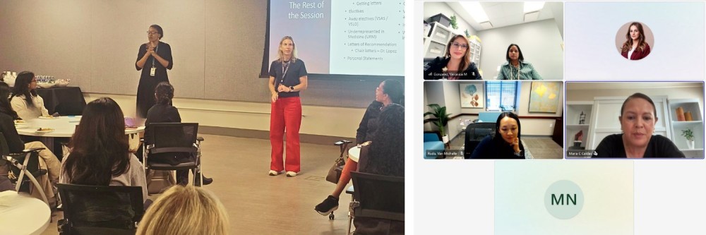Collage of two faculty speaking in front of student audience and screenshot of a Teams meeting