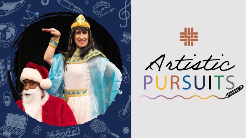 Karla Brandau dressed as Cleopatra and fellow actor dressed as Santa Claus