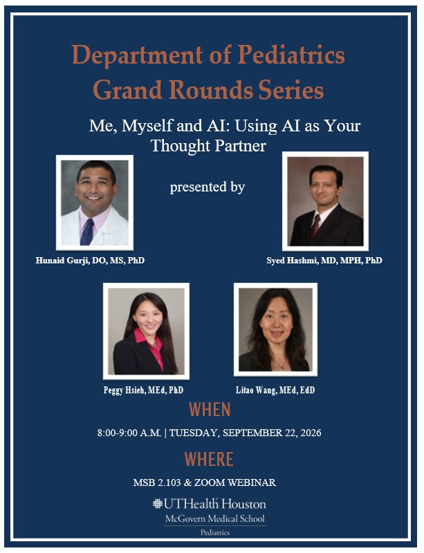 Grand Rounds flyer with time, date, and place and presenter headshots