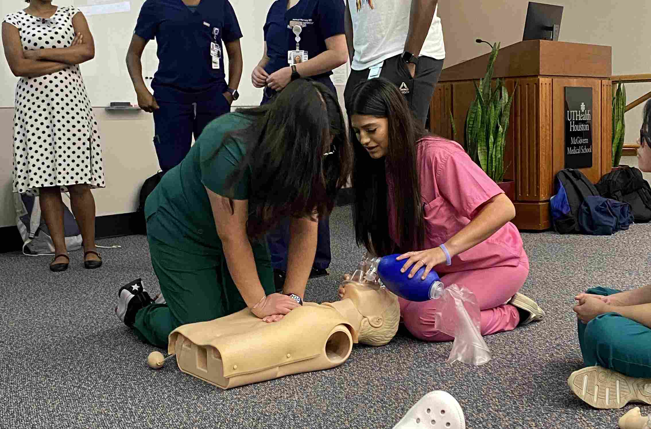 students of Emerging Health Professions program doing airway clinic