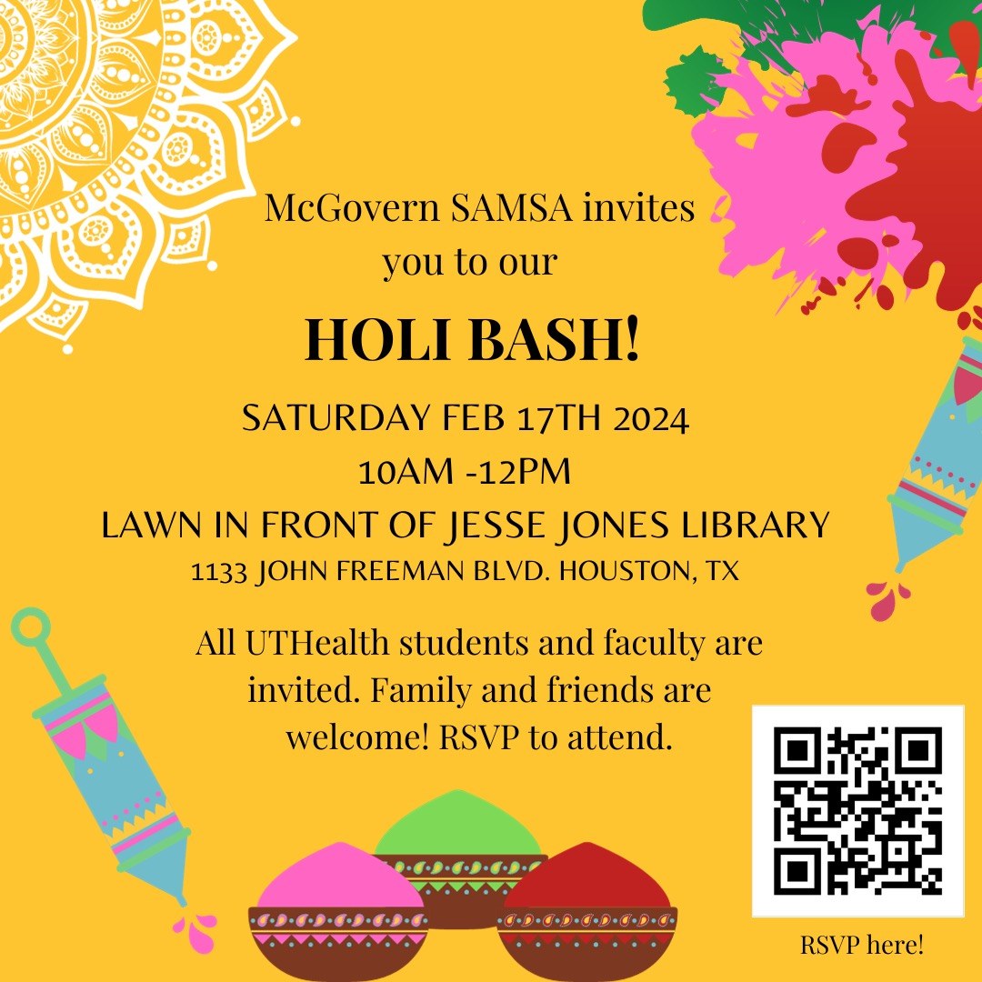 flyer for Holi presented by McGovern Medical School's South Asian Medical Student Association