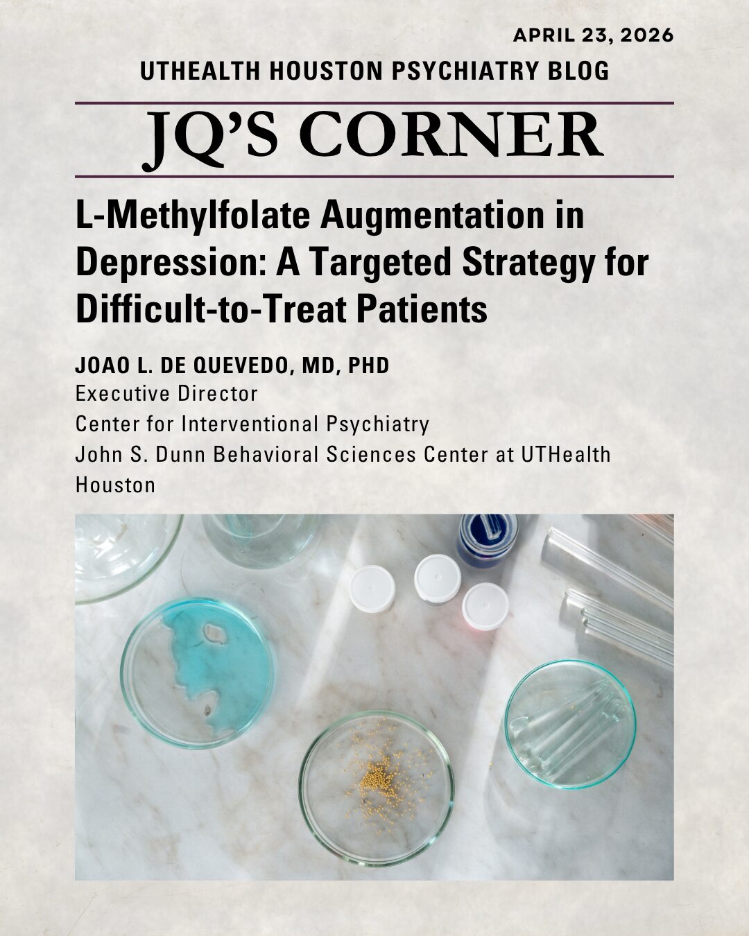 image for JQ's corner blog post on methylfolate for difficult to treat depression