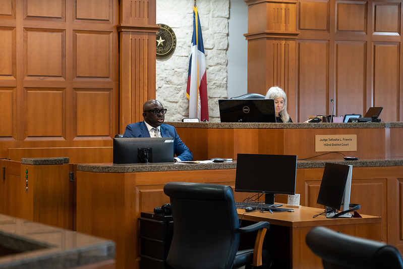 A photo of the trial and the view is of the judge and the expert witness testimony.