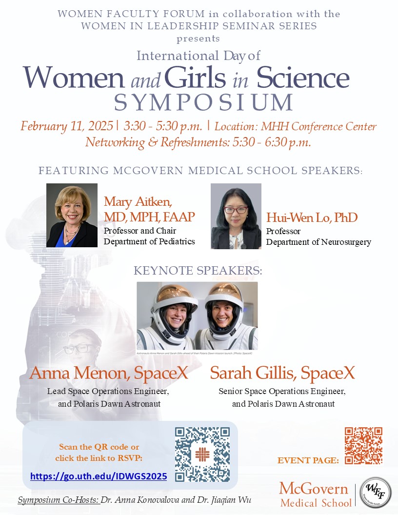 Join us for the 2025 IDWGS Symposium, where we celebrate and spotlight the groundbreaking achievements of women and girls in STEM. The event will feature distinguished speakers from McGovern Medical School, Drs. Mary Aitken and Hui-Wen Lo, along with two inspiring keynote speakers from SpaceX: Sarah Gillis and Anna Menon, both of whom were astronauts on the Polaris Dawn mission