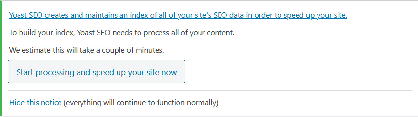 Yoast SEO build index dialogue box