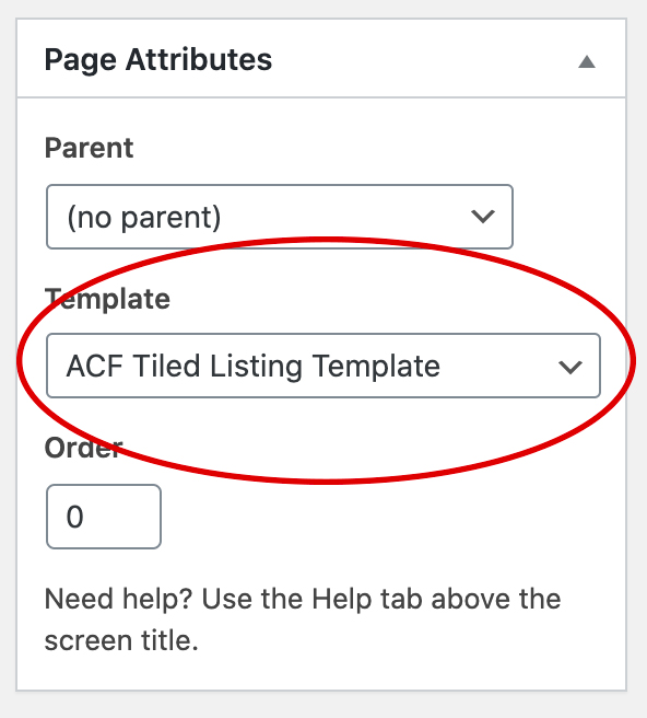 ACF Tiled Listing template in Page Attributes