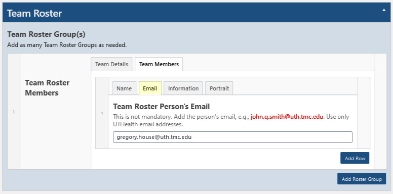 Team Roster metabox Email tab