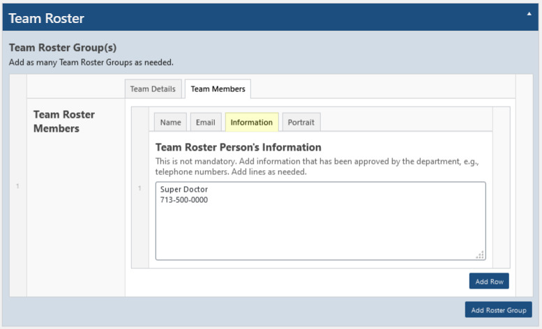 Team Member metabox Information tab
