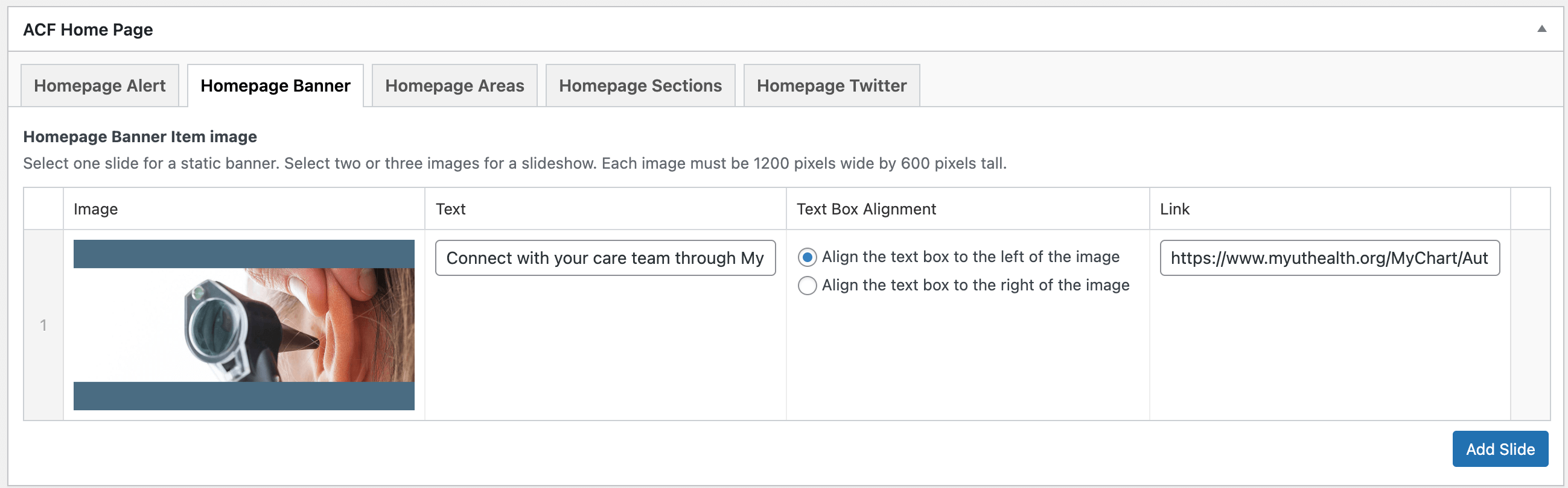 ACF Homepage template Banner tab fields