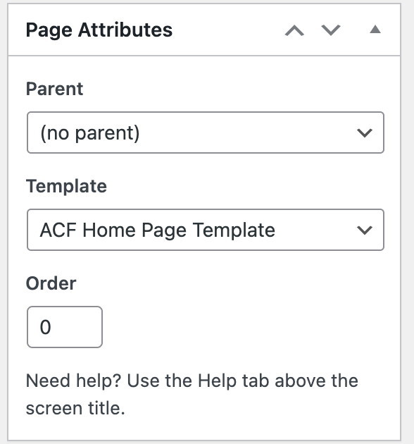 ACF Homepage template selected in Page Attribute metabox