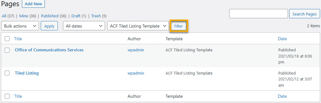 All Page Templates Filter