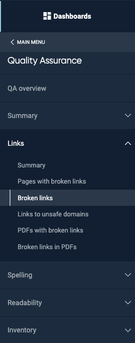 Site Improve Quality Assurance and Broken Links menu