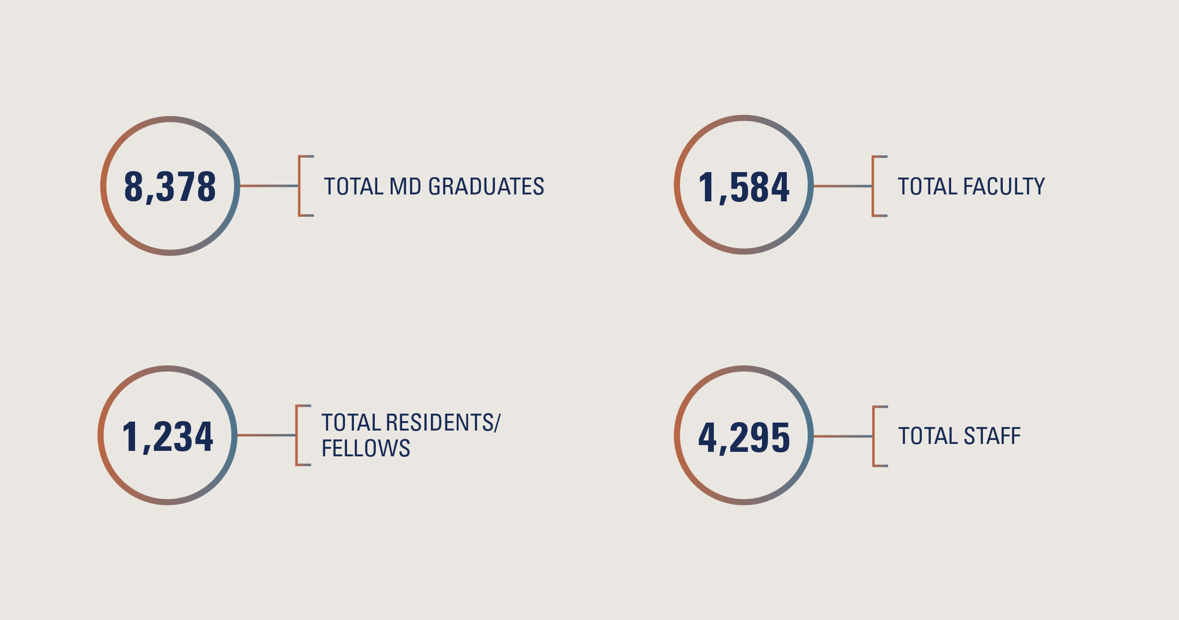 Statistics describing 8,378 total MD graduates, 1,584 total faculty, 1,234 total residents/fellows and 4,295 total staff
