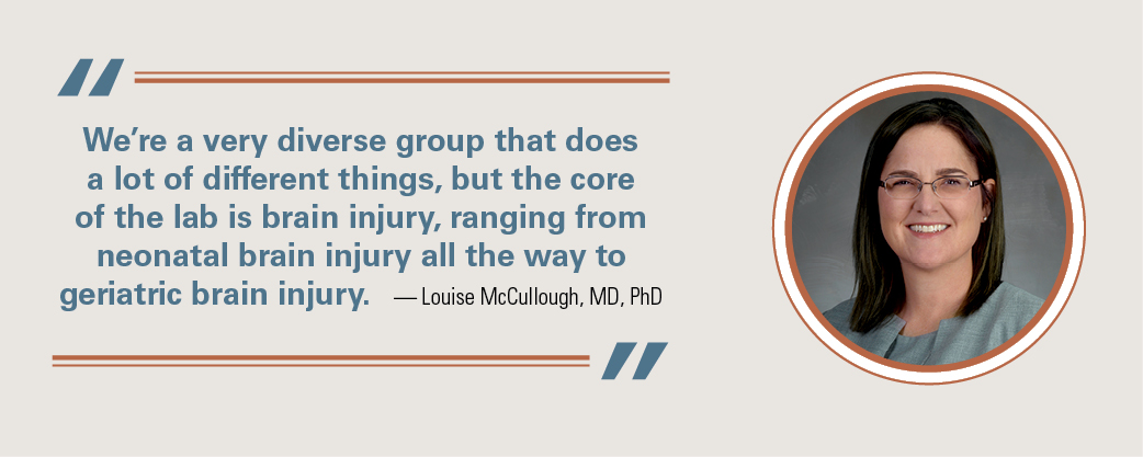 Louise McCullough, MD, PhD headshot and quote about brain injury