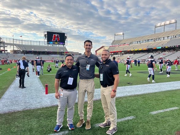 Dr. Sulapas, Dr. Firozgary (Primary Care Sports Medicine Fellow), and Dr. Turner (pictured left-to-right above) covered a Houston Roughnecks XFL game in April.
