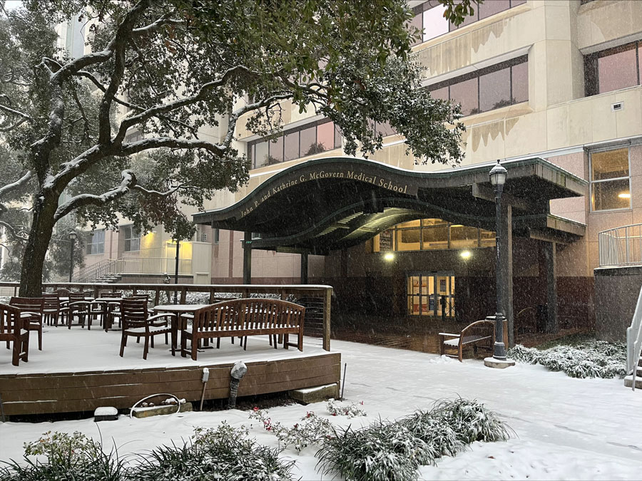 McGovern Medical School covered in snow