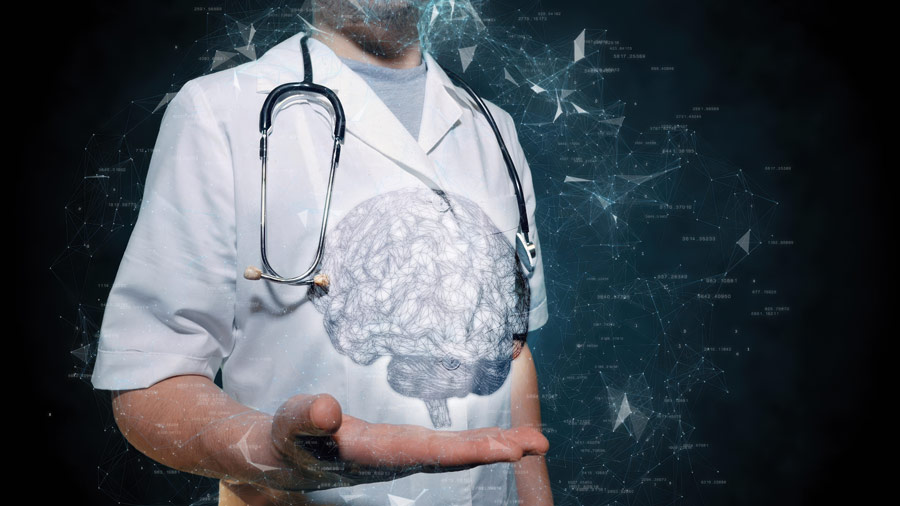A doctor "holding" a schematic of a brain