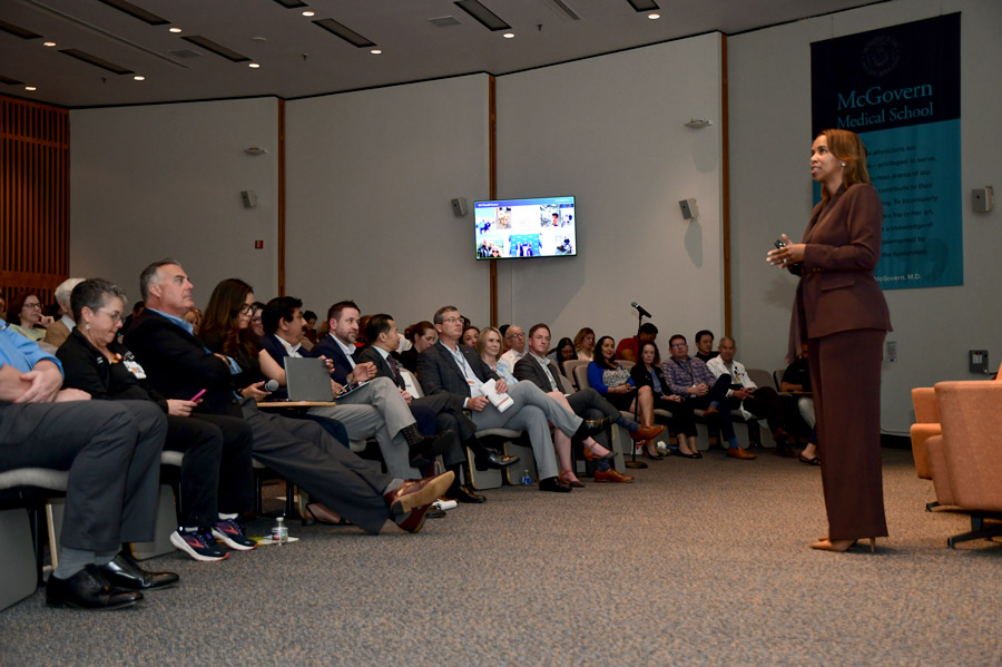 Dean LaTanya Love, MD, addresses the crowd at the inaugural Dean's Dialogue.