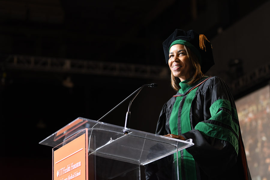 LaTanya J. Love, MD, dean of McGovern Medical School, delivers remarks during the McGovern Medical School Class of 2026 Commencement Ceremony at NRG Arena.