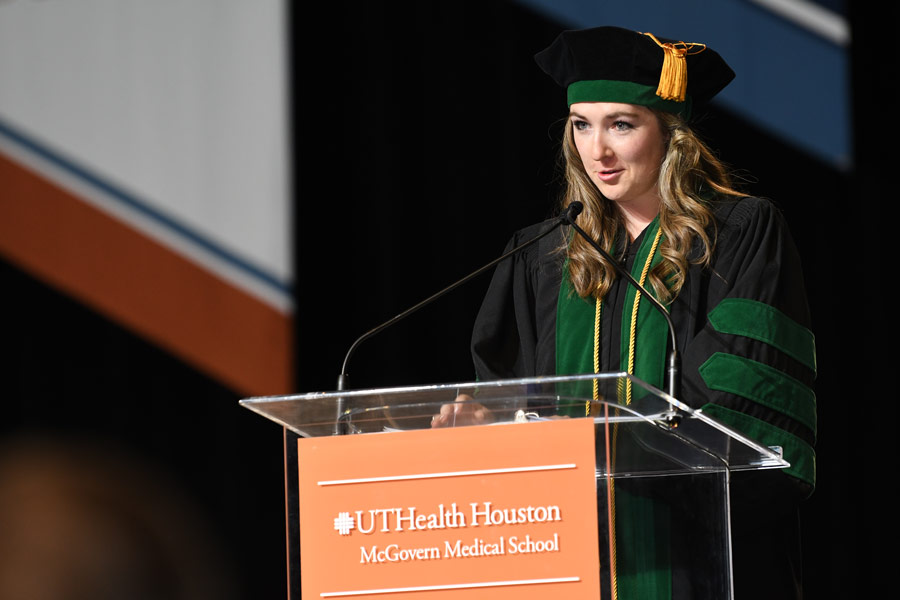 A graduate delivers remarks during the McGovern Medical School Class of 2026 Commencement Ceremony.