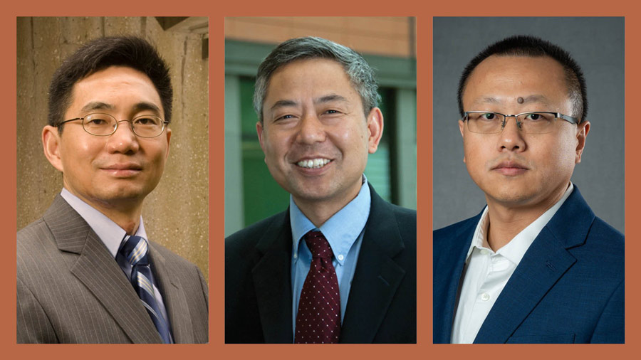 Composite headshots of three researchers from UTHealth Houston. From left, Zhongming Zhao, PhD, MS, wears a gray suit and striped tie; Qingyun Liu, PhD, smiles while wearing a dark suit and red tie; and Xiaoming Du, PhD, wears glasses and a blue suit jacket over a white shirt.