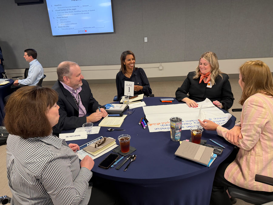 McGovern Medical School leaders sit around a table during a collaborative retreat session, discussing ideas and taking notes during a strategic planning exercise.
