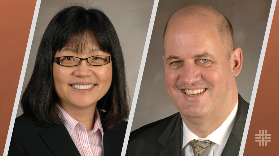 Drs. Cynthia Ju and Holger Eltzschig in a side by side graphic with the UTHealth Houston tapestry on an orange background