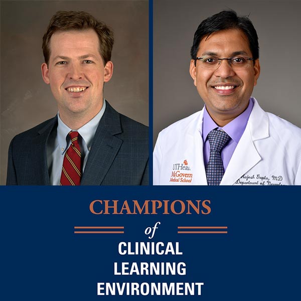 Graphic featuring portraits of John Cowling, MD, on the left and Rajesh Gupta, MD, on the right above the title “Champions of Clinical Learning Environment.”