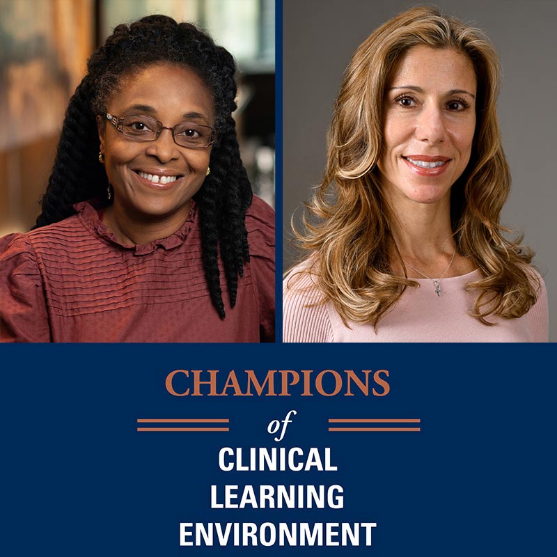 Graphic for the Champions of Learning Environment featuring professional headshots of Dr. Faith Atai (left) in a red shirt, and Dr. Irene Stafford (right) in a pink shirt