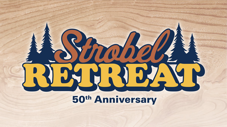 A graphic showing a woodgrain background with silhouettes of trees for the Strobel Retreat 50th Anniversary