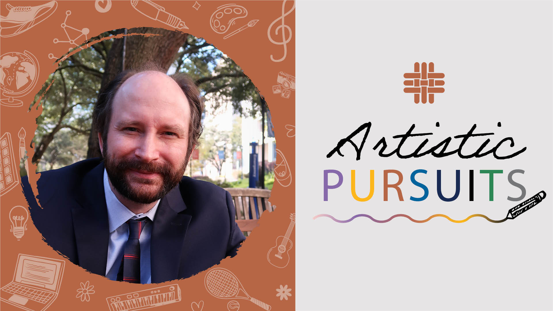 Dr. Nathan Carlin's headshot in the graphic for Artistic Pursuits