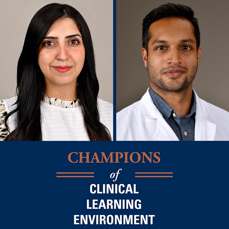 Graphic for the Champions of Clinical Learning Environment featuring Dr. Ansam Hasan (left) and Karthik Bhandari (Right)
