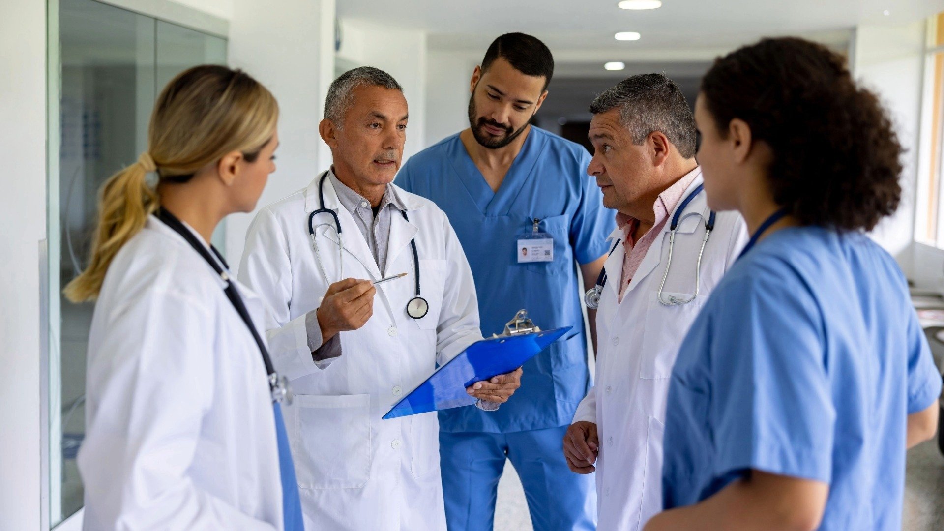 A group of doctors stands around in a circle getting advice from