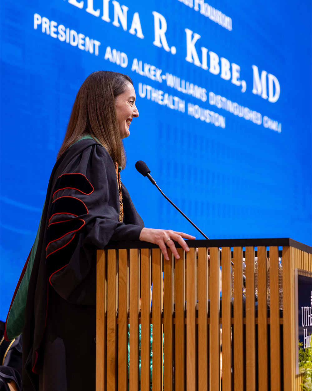 Melina R. Kibbe, MD, delivers remarks from the podium during her investiture as the seventh president of UTHealth Houston.